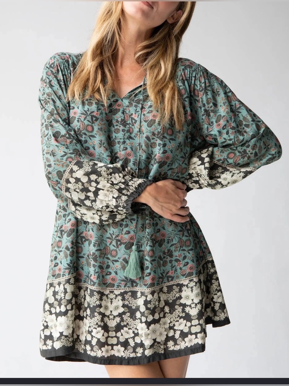 Natural Life Dara V-Neck Tunic Dress Sage Floral Border Boho Small NWT